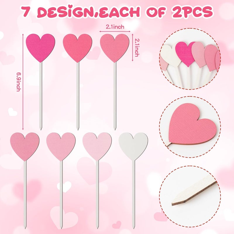 TICIAGA Valentines Double-Sided Decorative Picks - 14PCS Valentine’s Day Wooden Pink Heart Picks for Home Vase Filler Romantic Farmhouse Colorful Floral Holiday Decorations Anniversary Party Supplies - Image 2